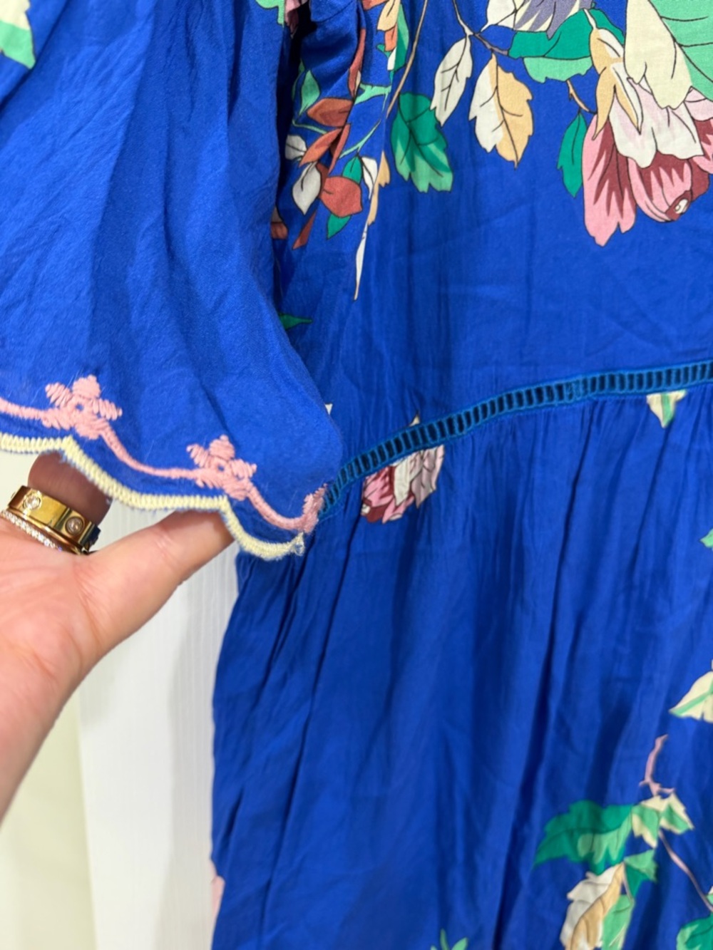Johnny Was Cobalt Blue Floral Midi Dress with Cream & Pink Blooms Size XL - Picture 3 of 7